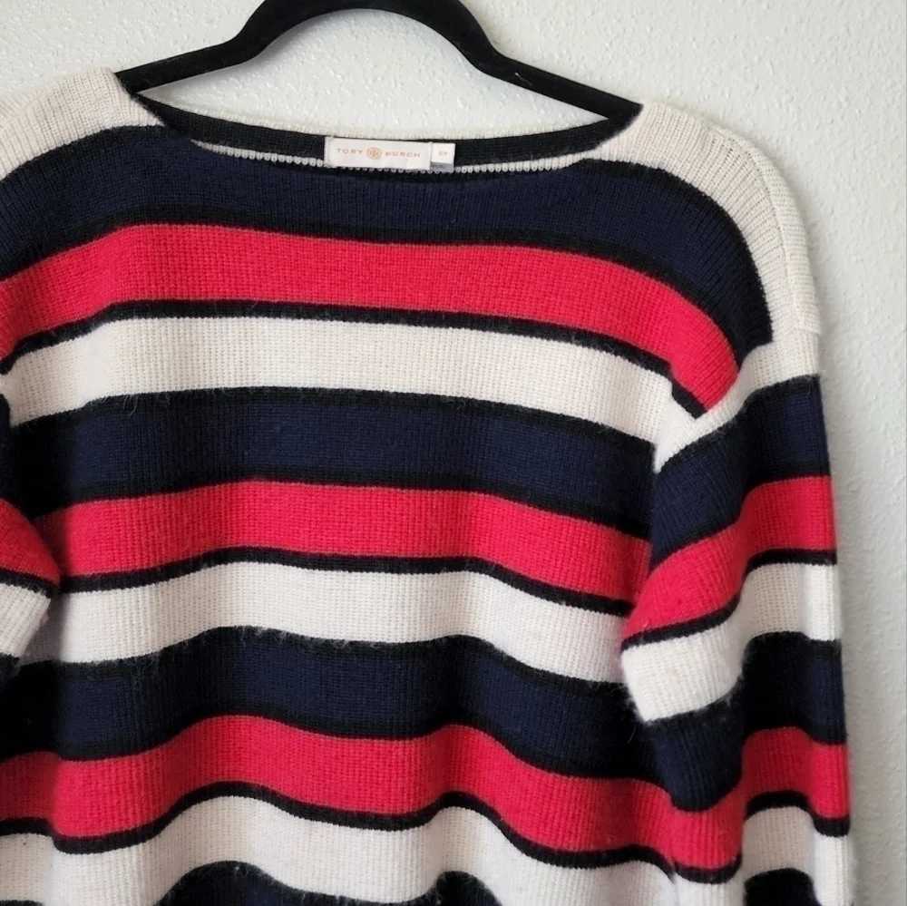 Tory Burch Baby Alpaca Knit Austrie Striped Navy Red Pullover Sweater Preppy S